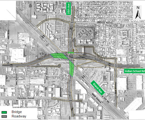 Aerial plan view of new roadway alignments and bridges for the project