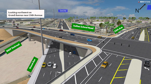 Simulation of project showing a new elevated intersection of 35th Avenue and Indian School Road over US 60/Grand Avenue