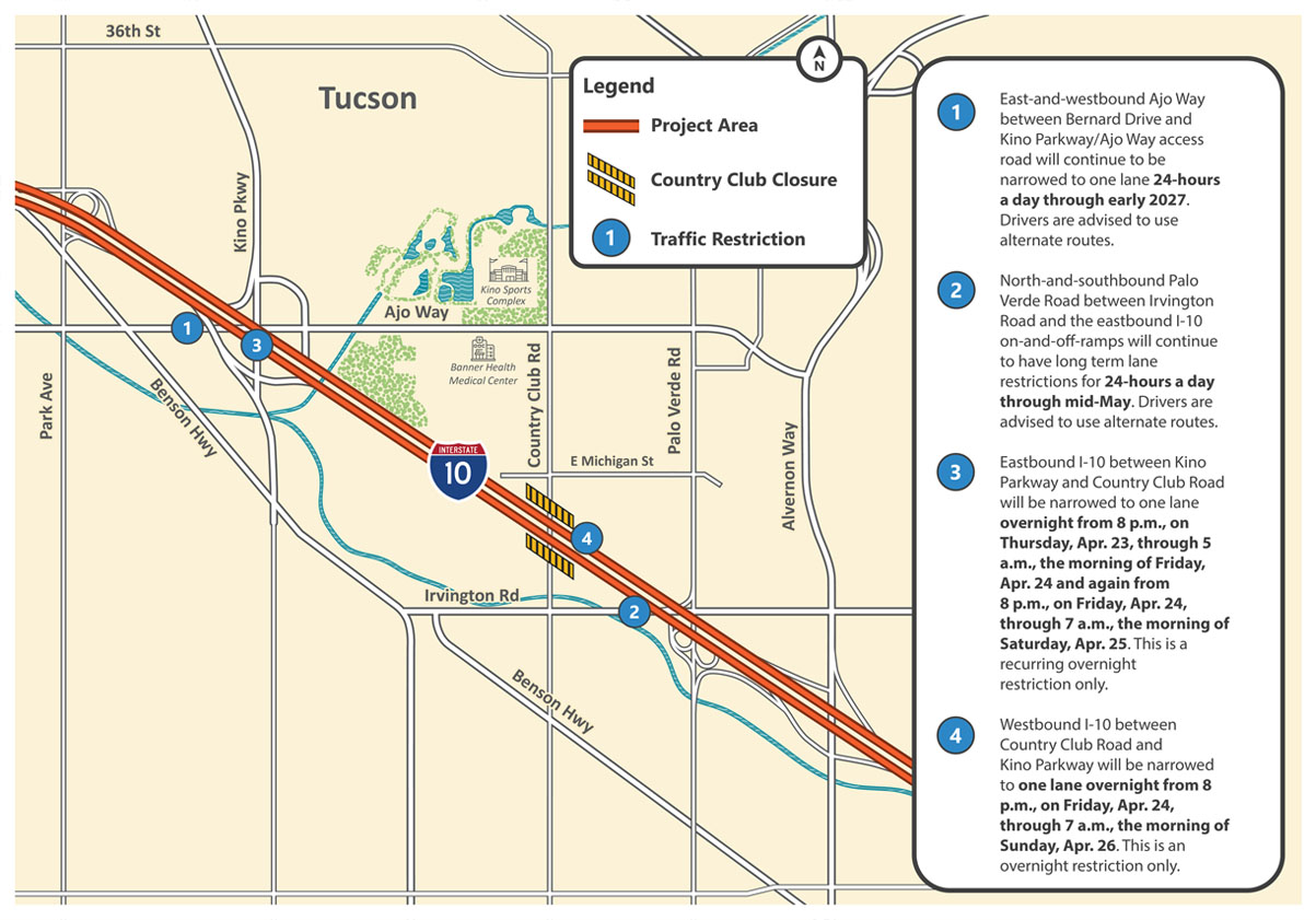 I-10 Kino to Country Club Restriction Map for April 19-25 Updated