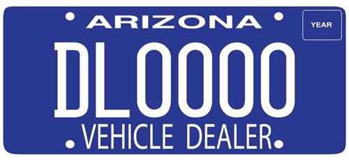 Redesigned Dealer license plate in bright blue and white