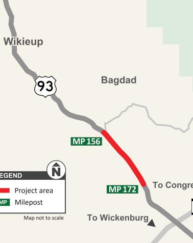 ADOT Map showing the US 93 pavement project area between Placeritas Creek and Date Creek near Baghdad, Arizona, with mileposts 156 and 172.