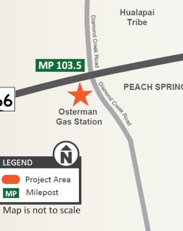 ADOT Map showing the project area on Route 66 near milepost 104 by Osterman Gas Station in Peach Springs, Arizona.