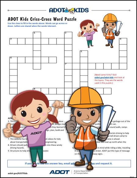 Two animated kids in construction clothing standing in front of a crossword puzzle.