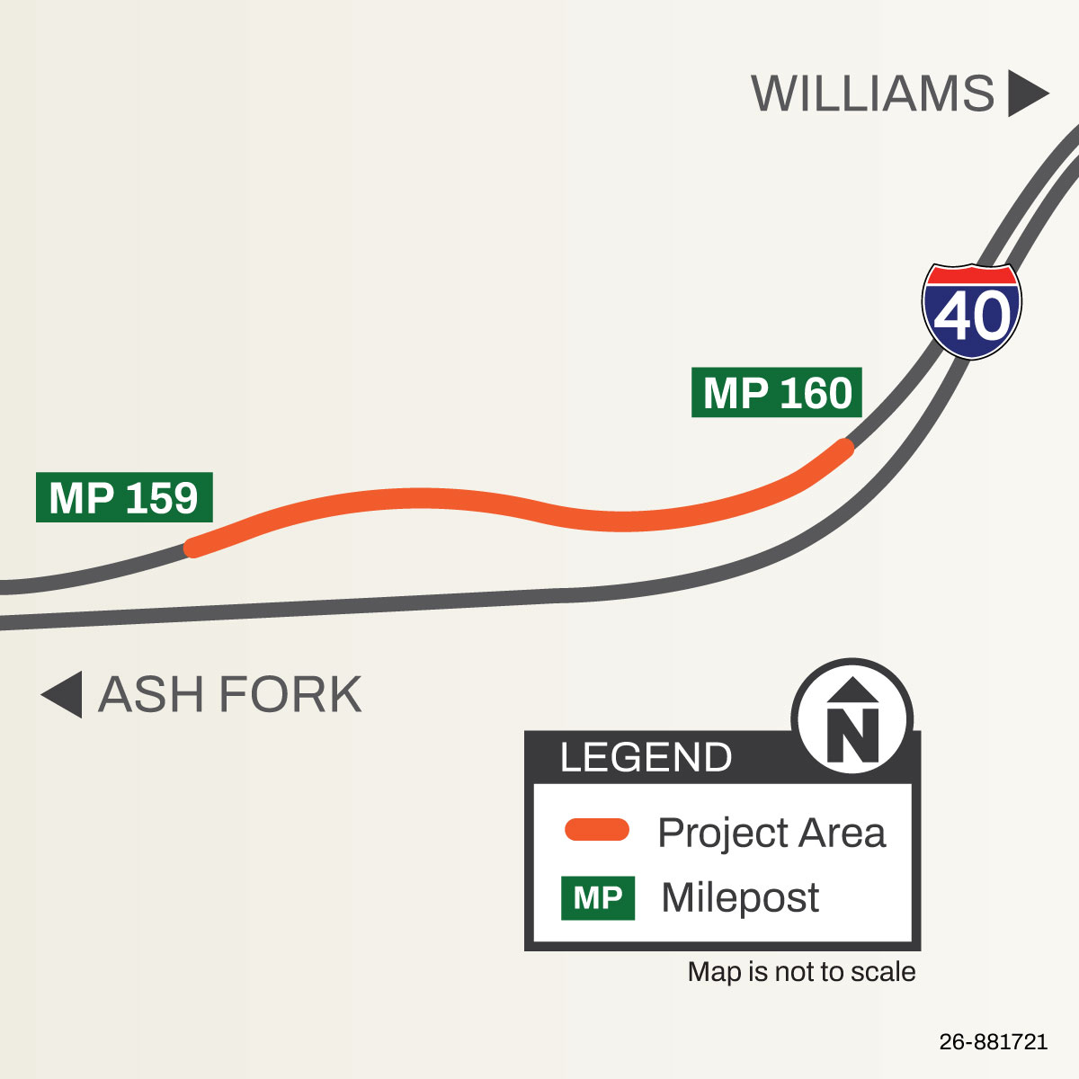 Map showing Interstate 40 west of Williams near mileposts 159 and 160, highlighting the project area.