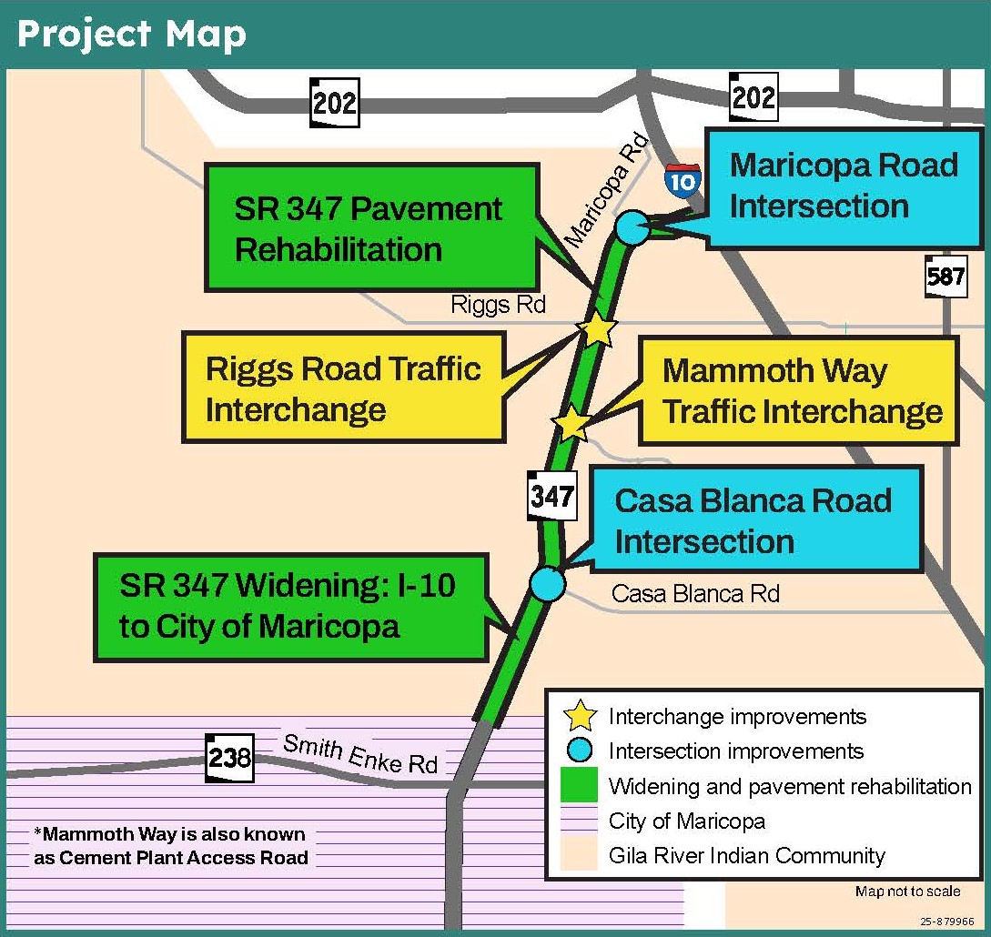 A project area map depicting the SR 347 corridor improvements, including pavement, widening, intersection improvements and a new interchange.