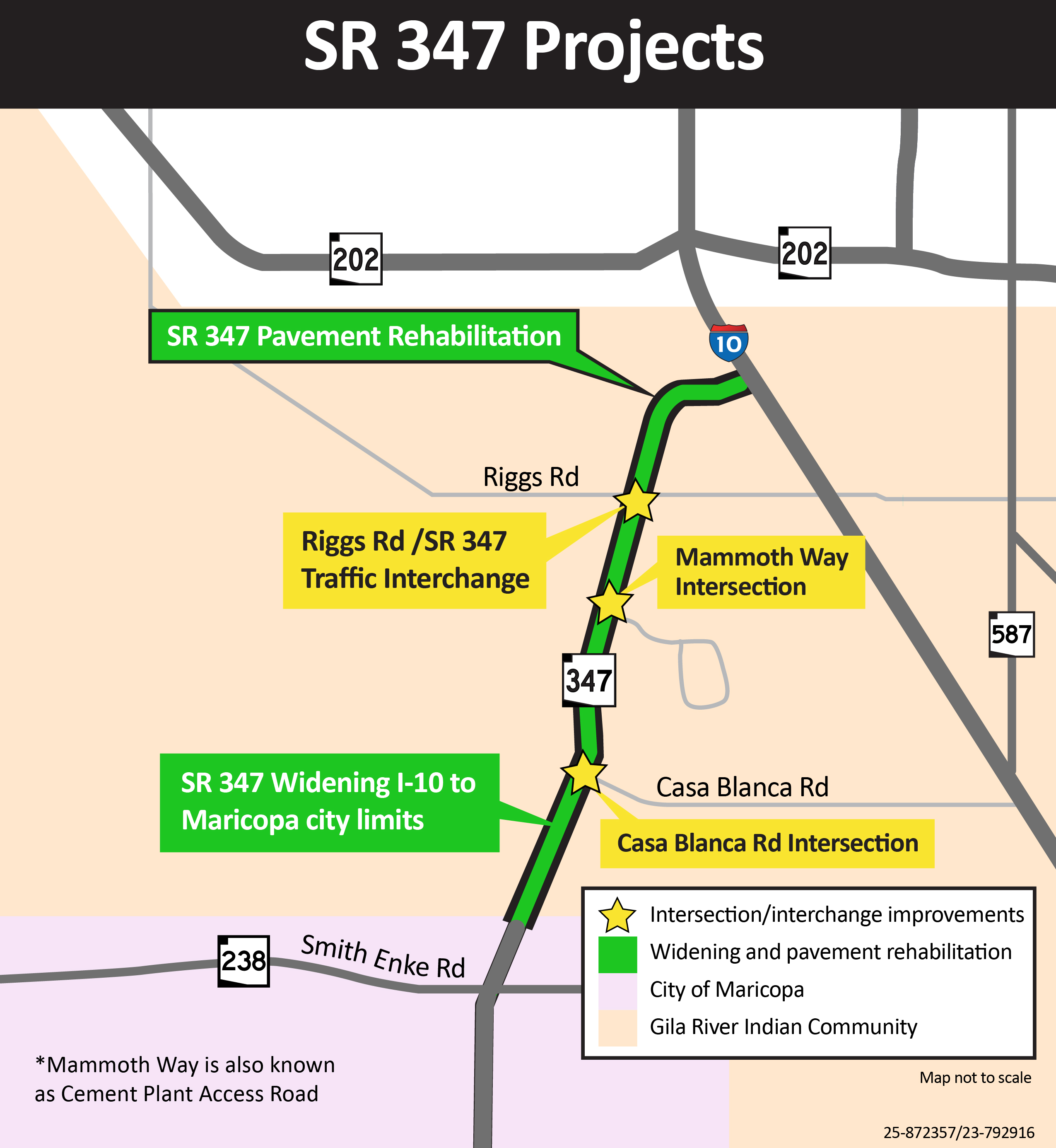 a project area map depicting the SR 347 corridor improvements, including pavement, widening, intersection improvements and a new interchange.
