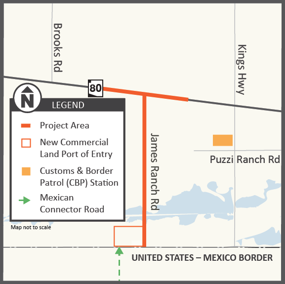 Project area map showing the connector road along James Ranch Road, connecting to both State Route 80 and the new port of entry.