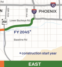 Map showing the planned east section of SR 30, from Loop 202 (South Mountain Freeway) to the I-17 Durango Curve.