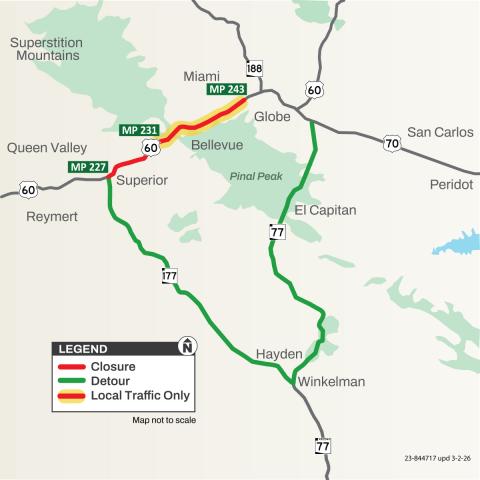 Roadway map of US 60 detour between Superior and Miami using SR 177 through Winkelman to SR 77